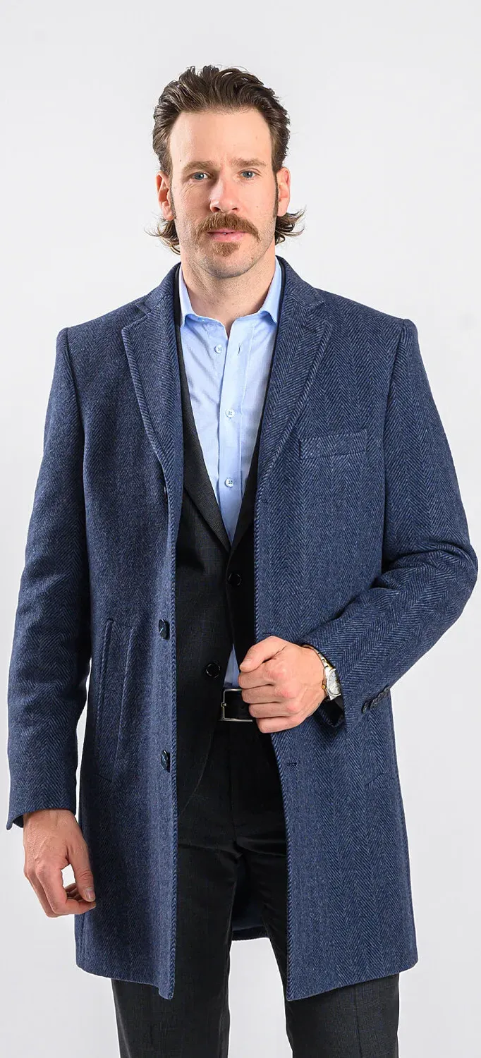 Alain Delon cappotto slim fit blu spigato tasche oblique lana