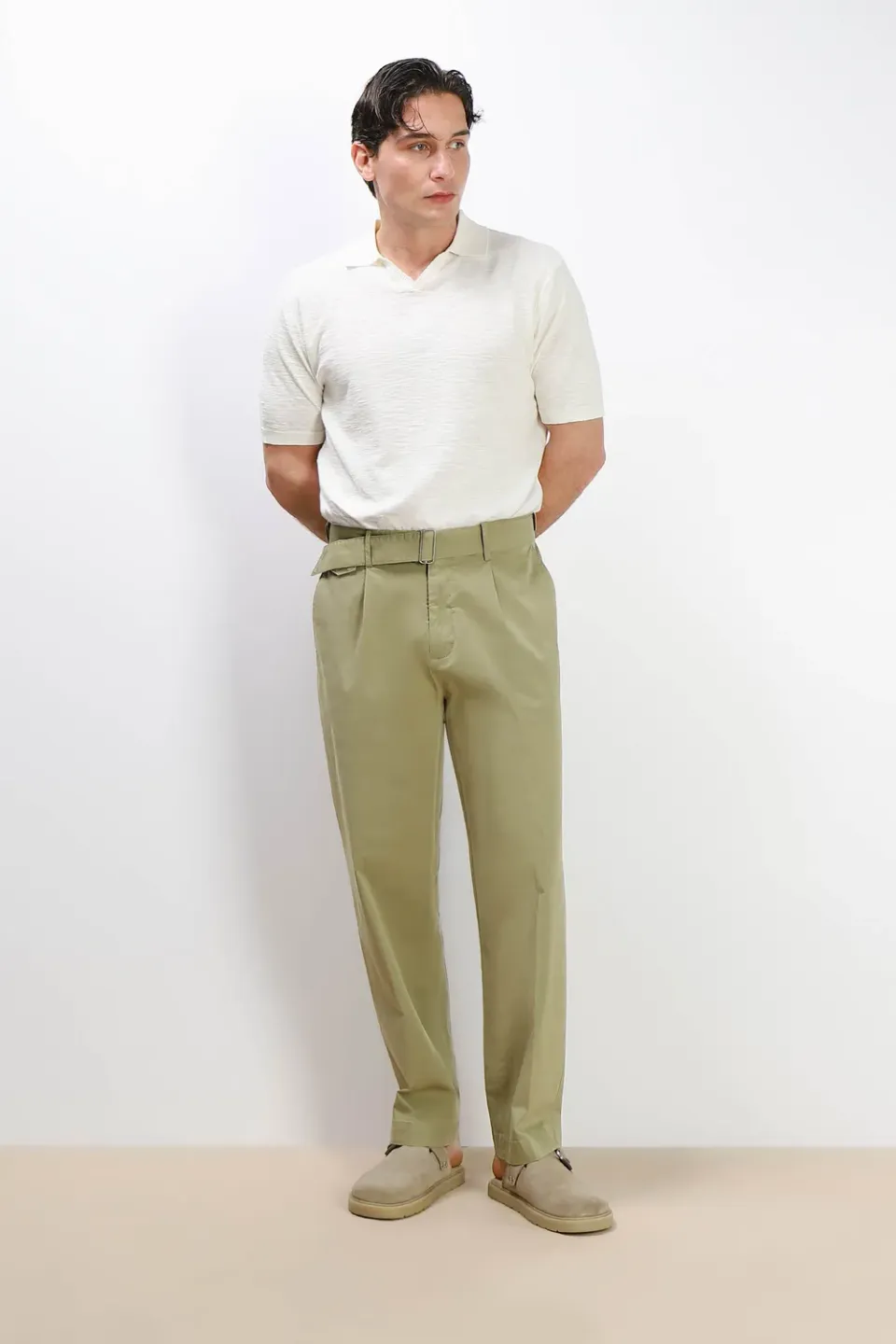 Sonny Bono Chino Doppia Pence Pantalone Kaki con Cinturino