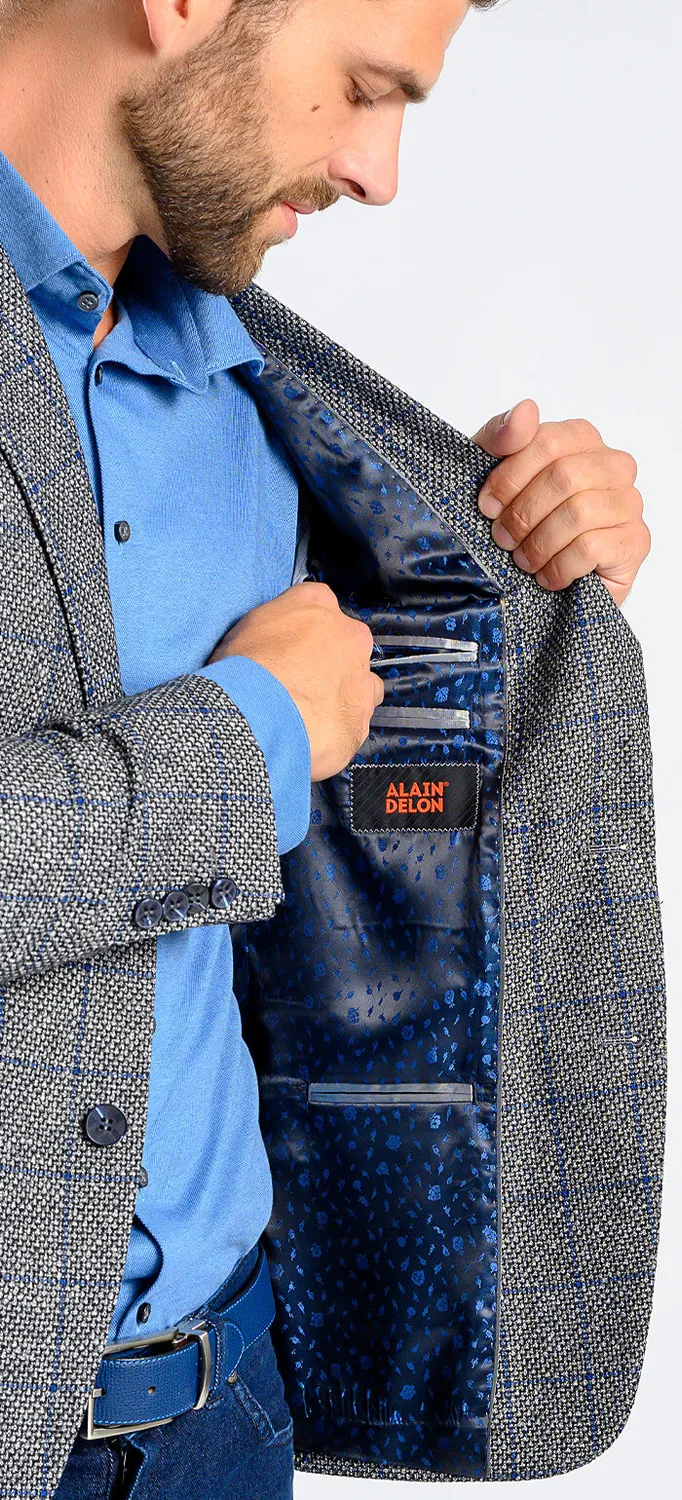 Alain Delon giacca lana grigia quadri blu slim fit