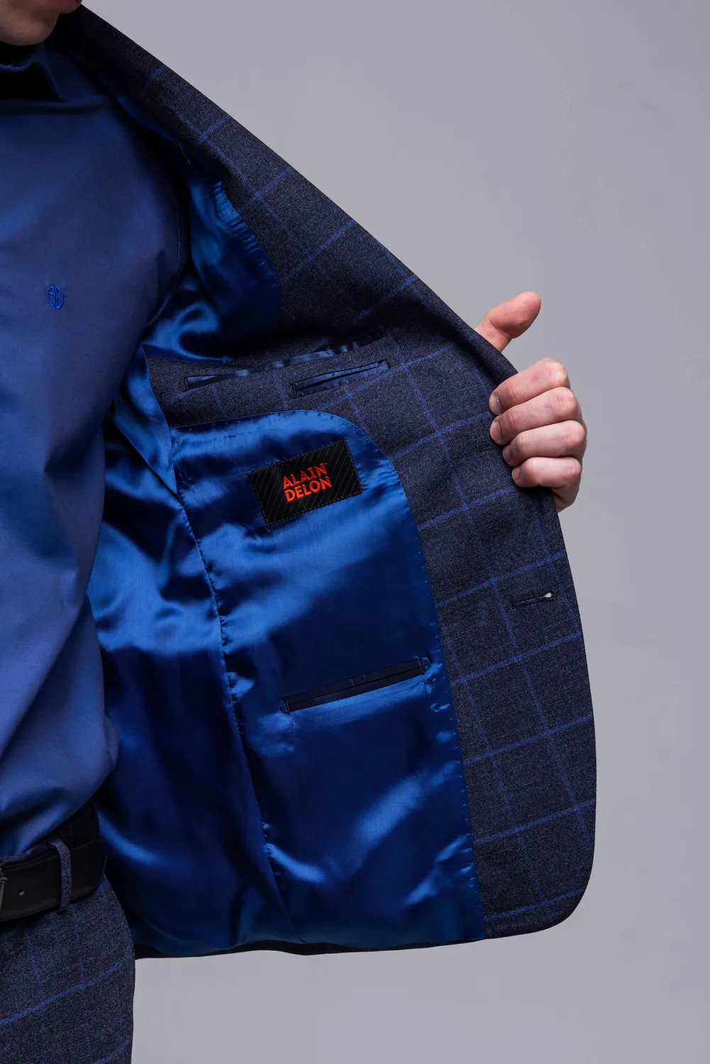 Alain Delon abito slim blu quadri azzurri stretch