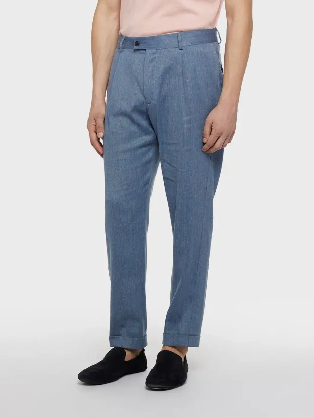 Caruso pantalone carrot lino lana blu denim