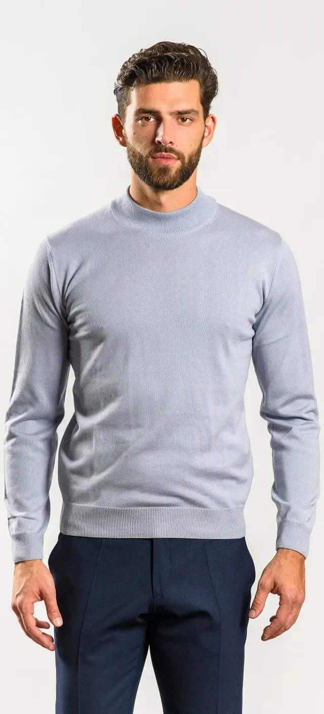 Alain Delon Maglione Dolcevita Grigio-Blu Collo Basso