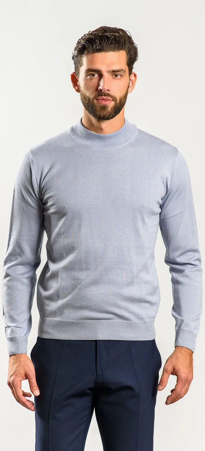 Alain Delon Maglione Dolcevita Grigio-Blu Collo Basso
