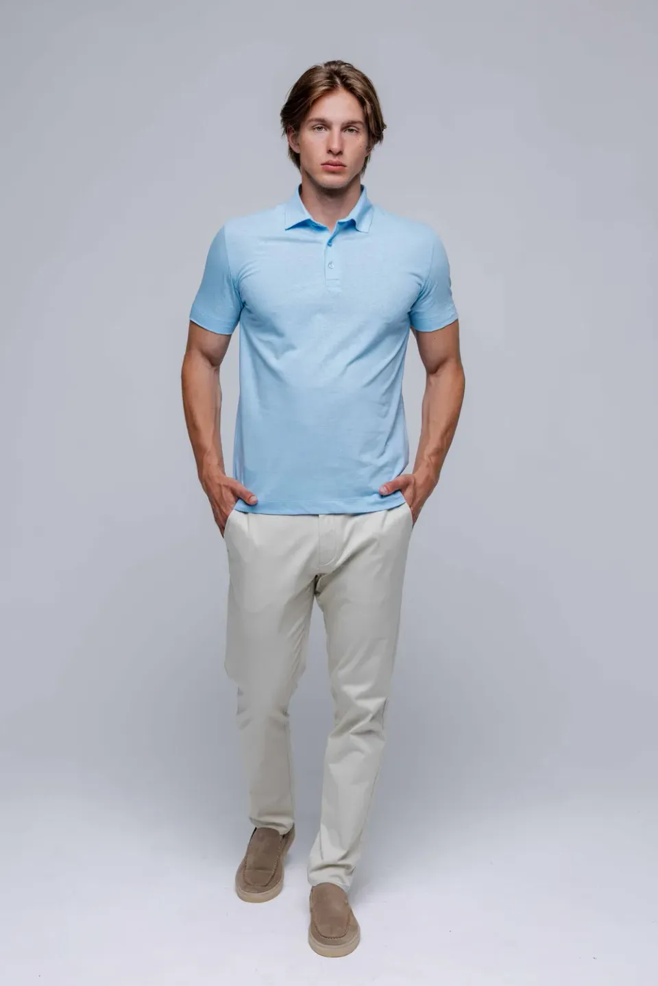 Alain Delon Polo Azzurra Lino e Cotone Manica Corta