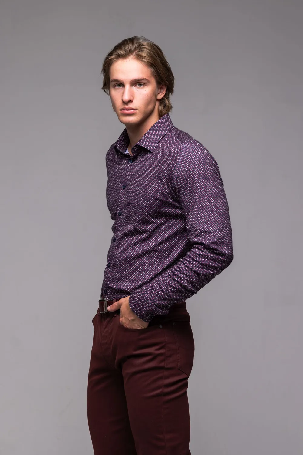Alain Delon camicia bordeaux extra slim elasticizzata fantasia