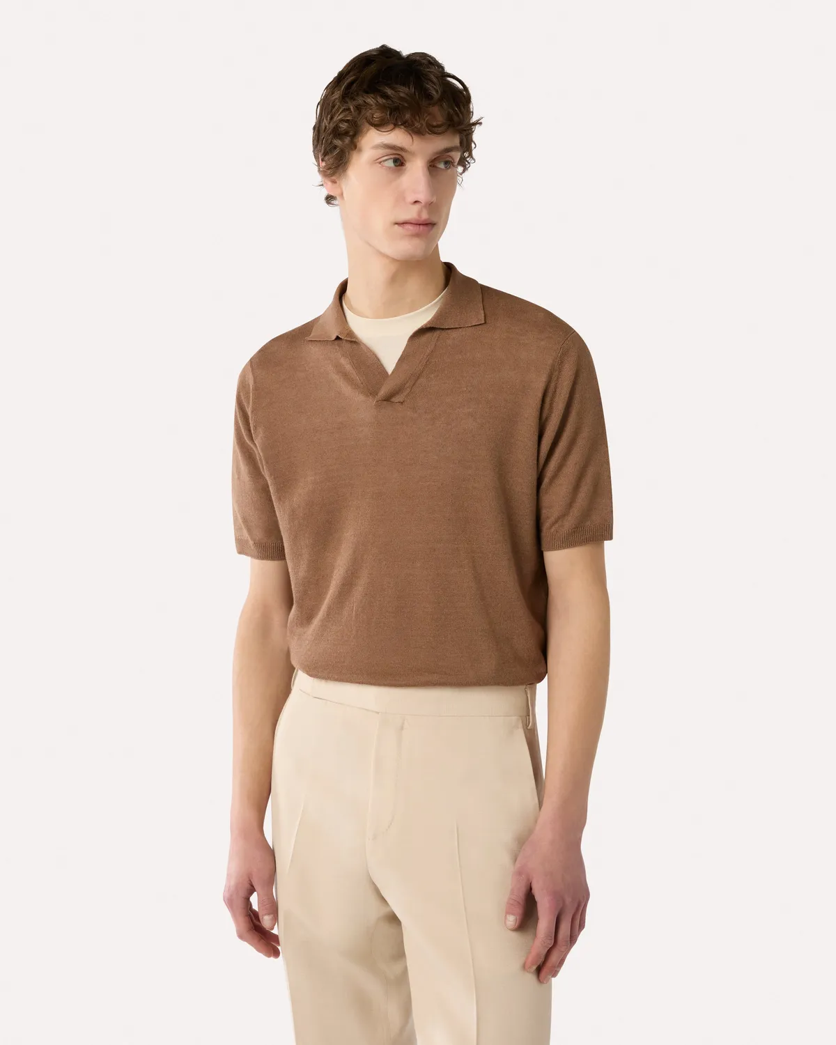 Lardini Polo in Maglia Marrone Lino e Cotone