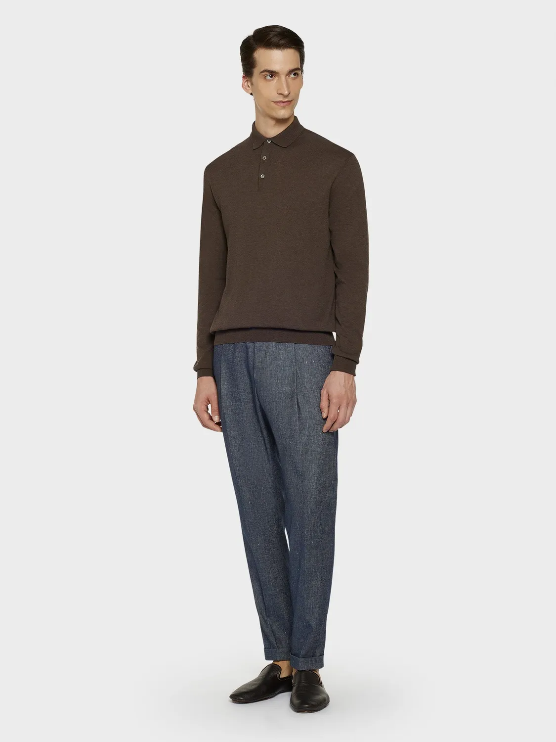 Caruso polo maniche lunghe cotone marrone costine