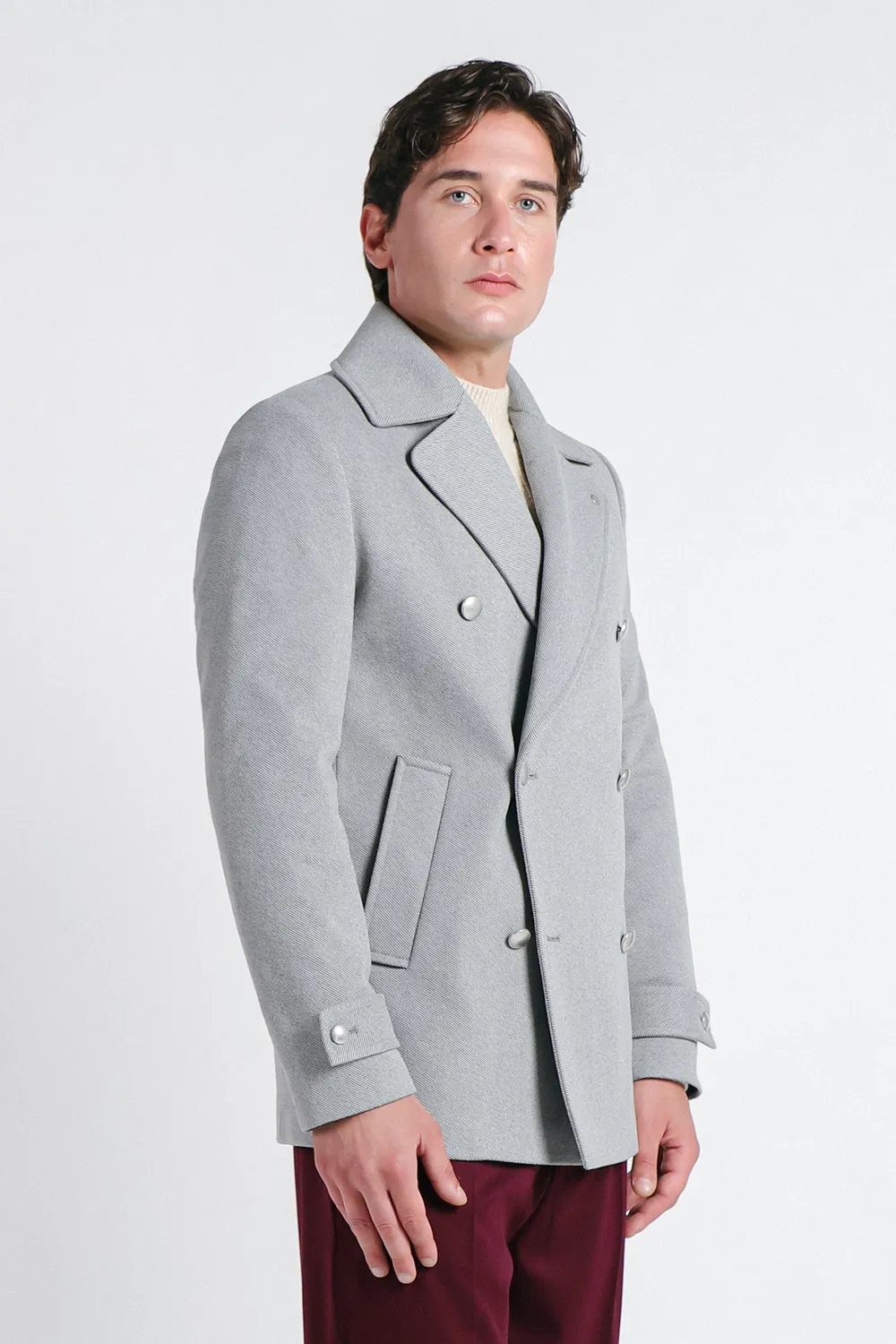 Sonny Bono Doppio Petto Cappotto Grigio Chiaro Bottoni Argento