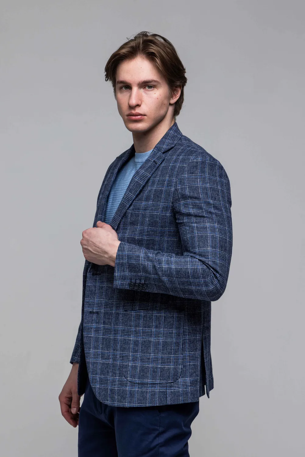 Alain Delon giacca lino blu a quadri slim fit leggera