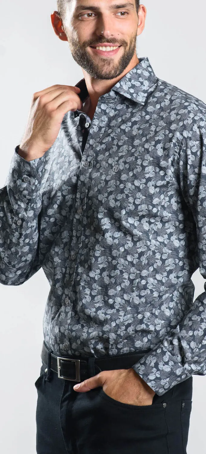 Alain Delon Camicia Grigia Slim Fit Floreale Cotone