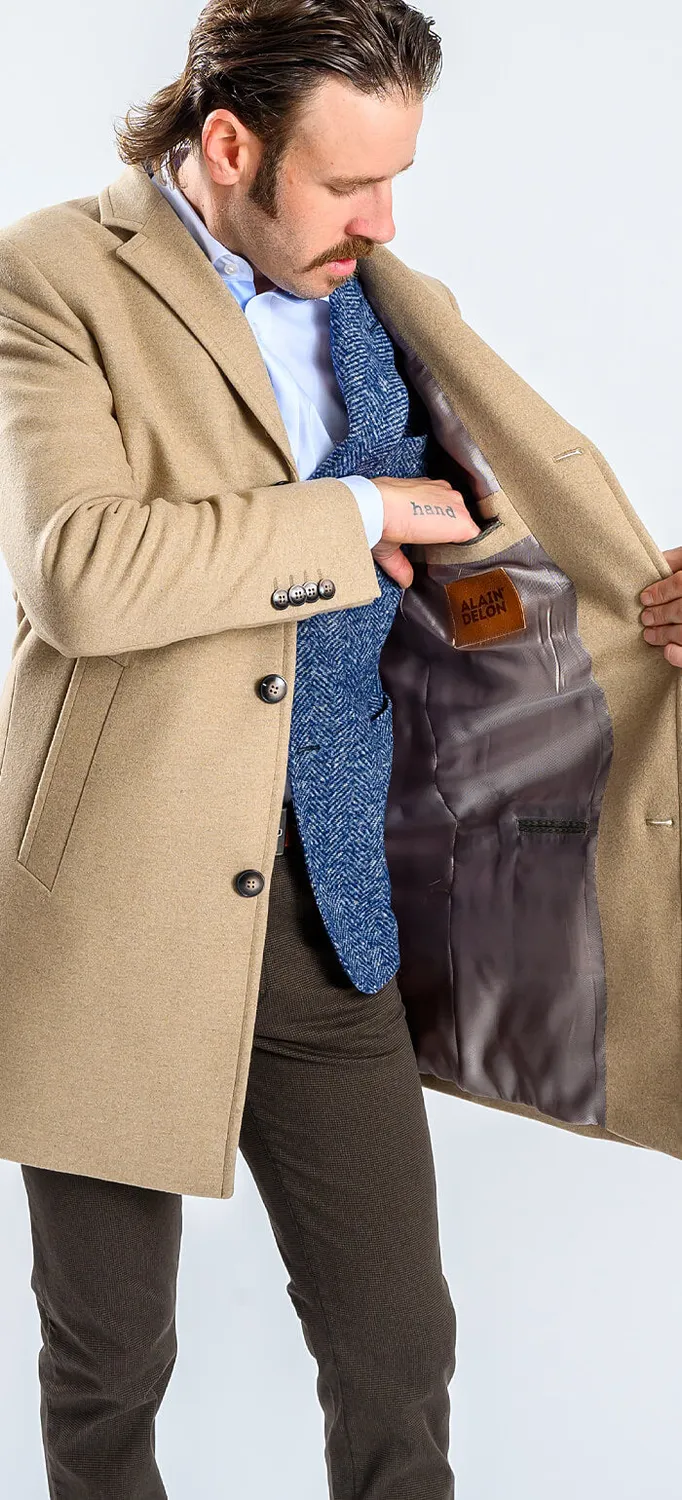 Alain Delon Cappotto Lana Beige Slim Fit Tasche
