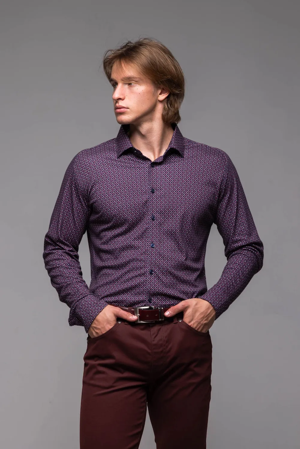 Alain Delon camicia bordeaux extra slim elasticizzata fantasia
