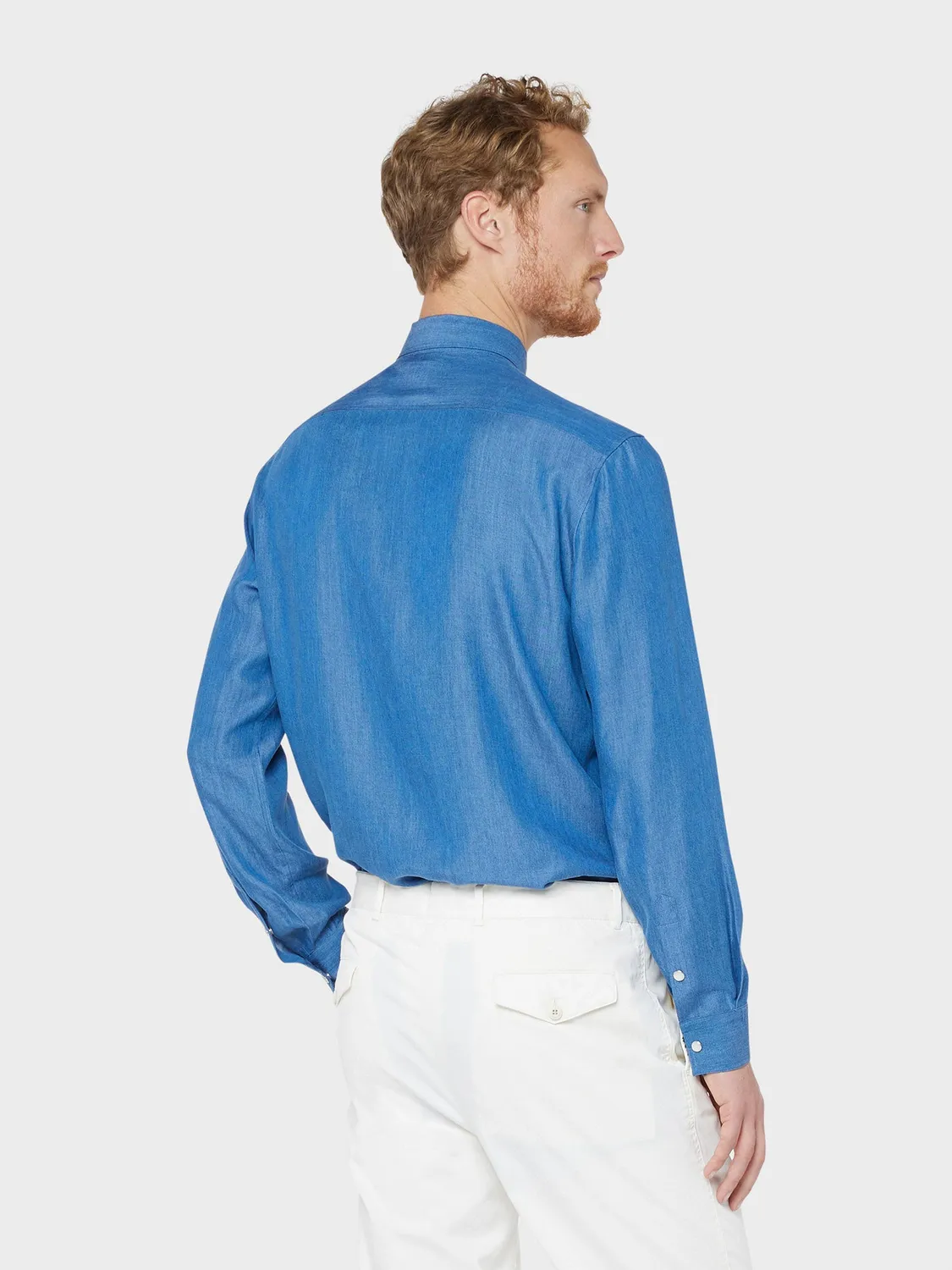 Caruso camicia tencel blu jeans bottoni madreperla