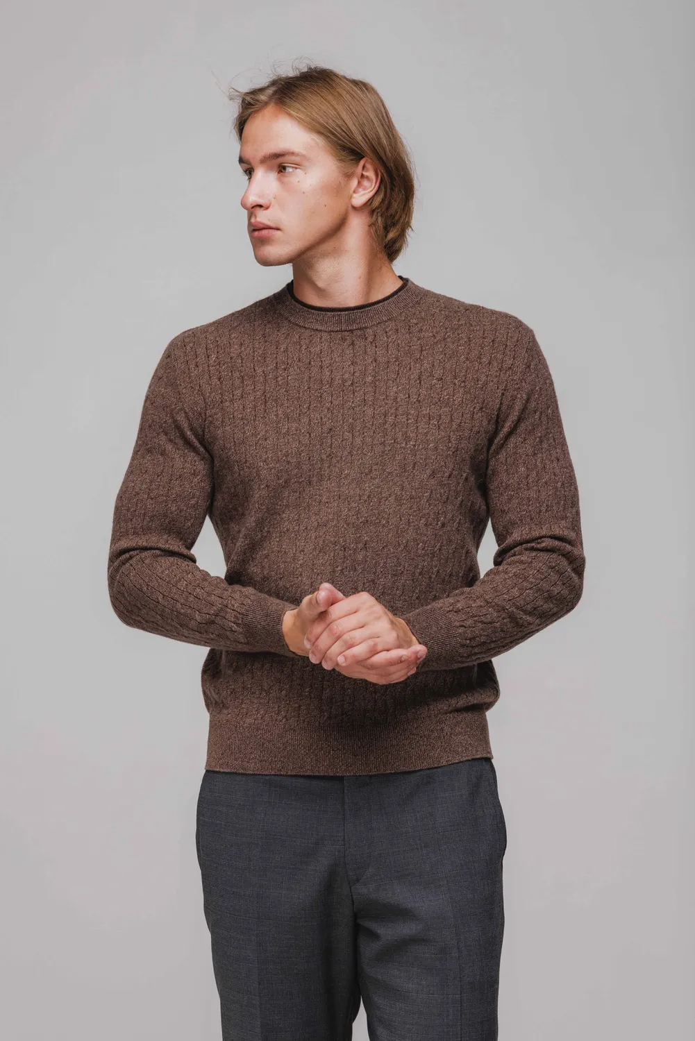 Alain Delon pullover marrone trecce lana girocollo