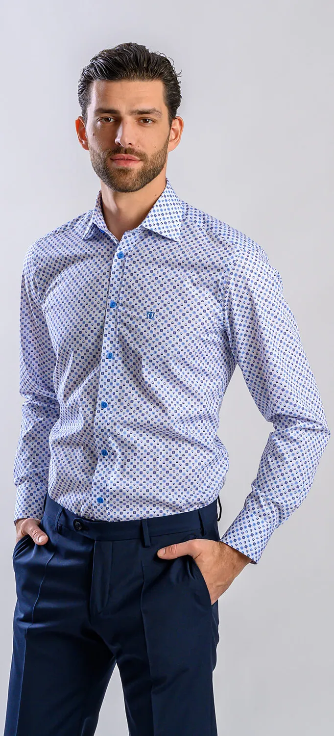 Alain Delon camicia bianca fantasia blu Extra Slim Getzner