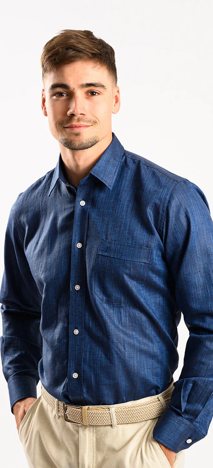 Alain Delon Camicia Slim Fit Blu Lino Cotone