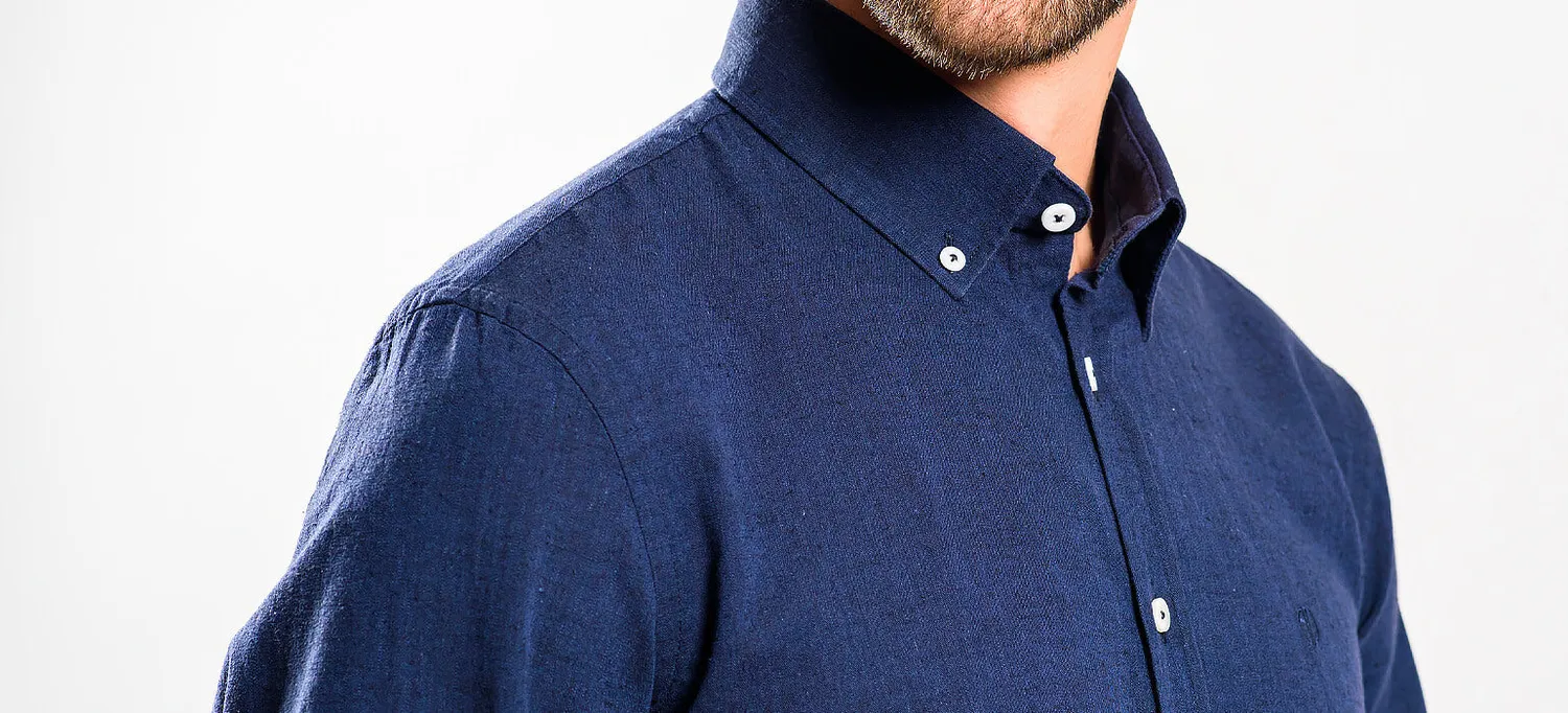 Alain Delon Camicia Extra Slim Lino Blu da Fuori
