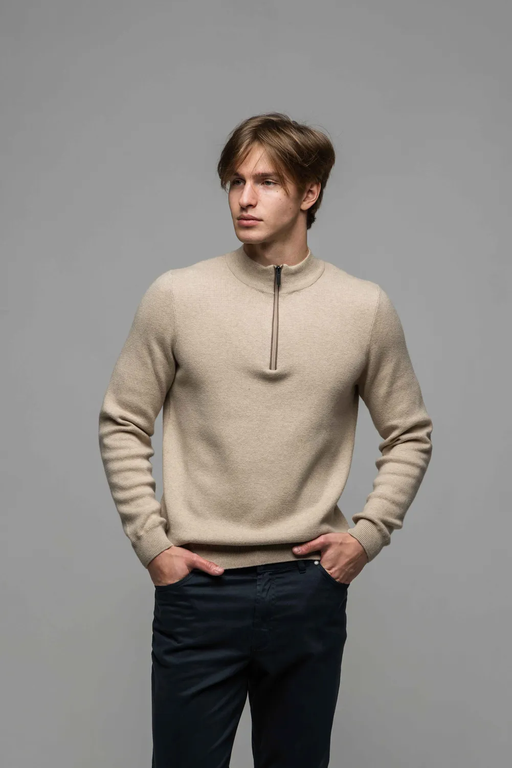 Alain Delon Maglione Beige Zip Cotone Cashmere