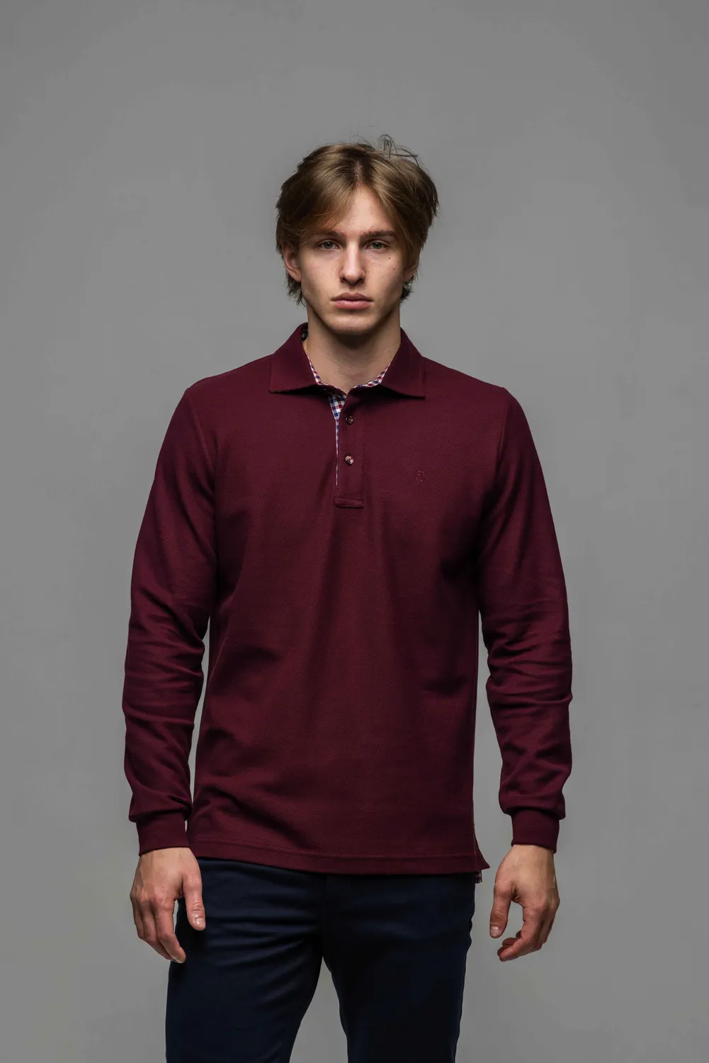 Alain Delon polo manica lunga bordeaux cotone slim