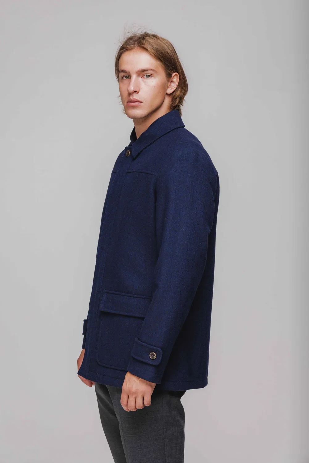 Alain Delon cappotto auto blu in lana con cerniera