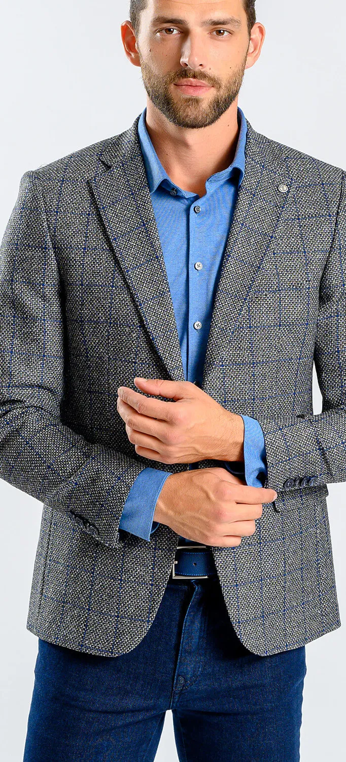 Alain Delon giacca lana grigia quadri blu slim fit