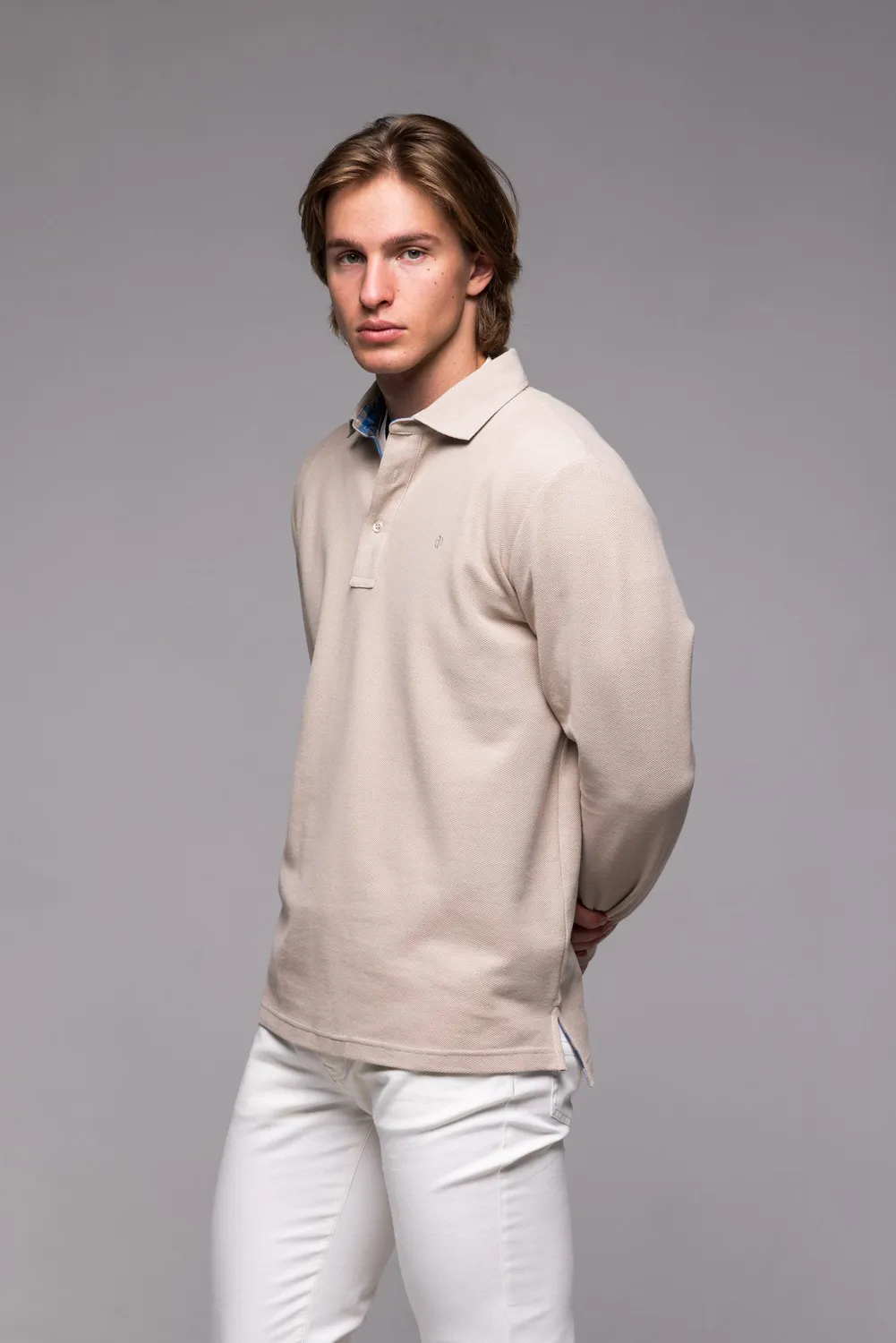 Alain Delon Polo Beige Manica Lunga Cotone Piqué L