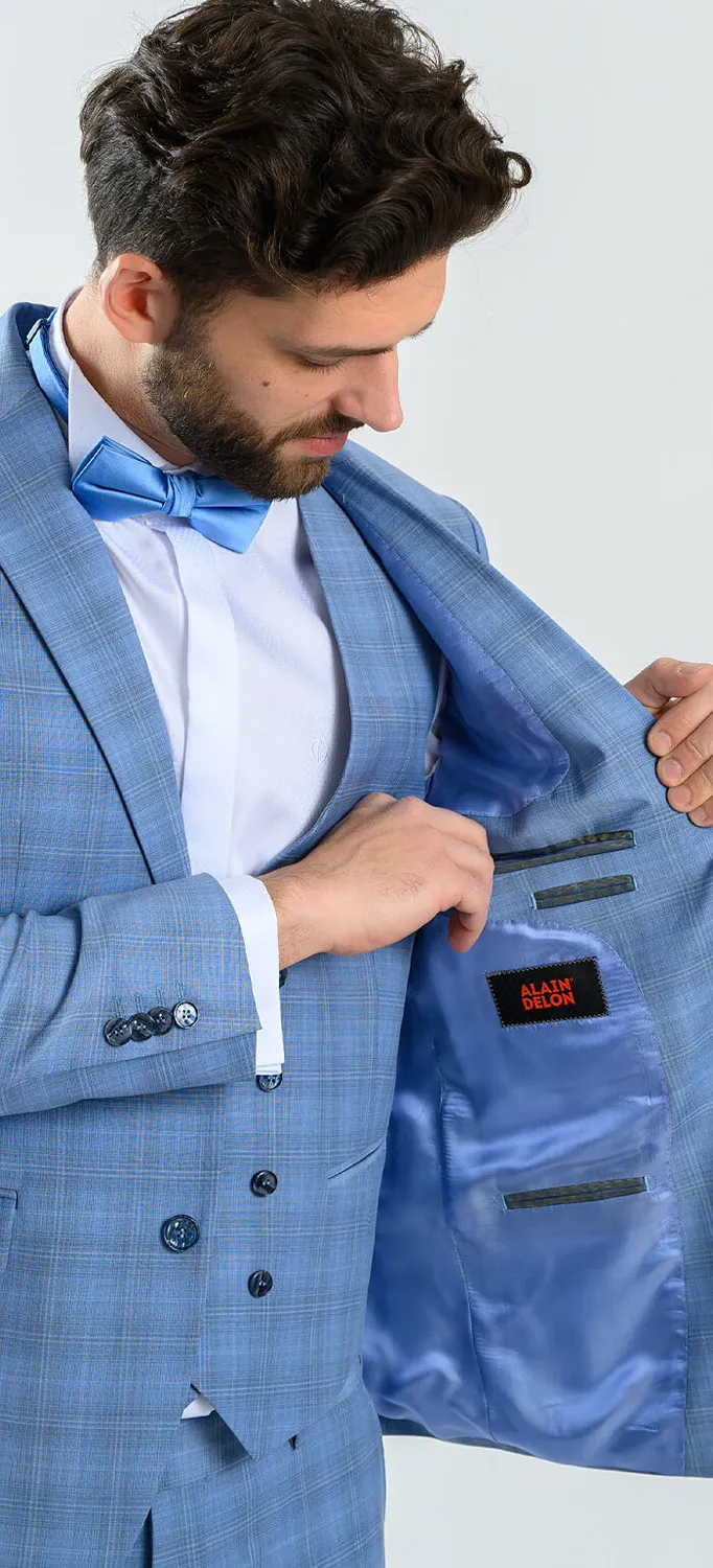 Alain Delon abito azzurro quadri slim gilet