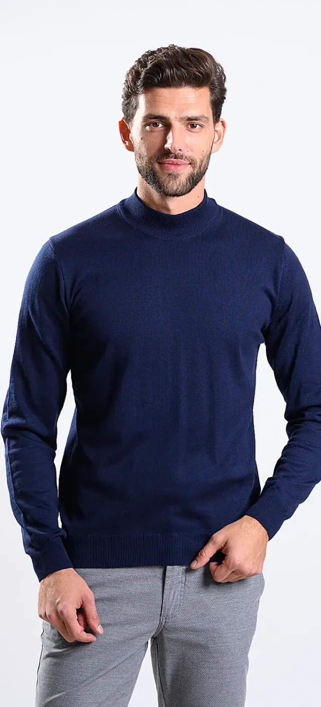 Alain Delon dolcevita blu cotone collo basso elasticizzato
