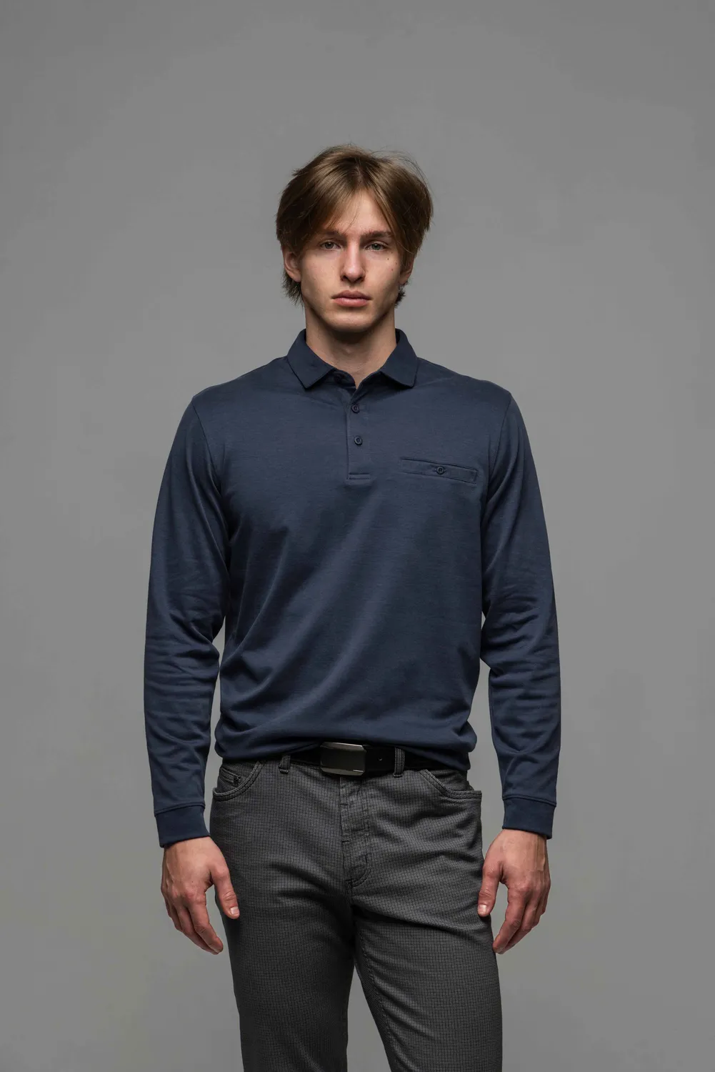 Alain Delon Polo Blu Manica Lunga Uomo Cotone