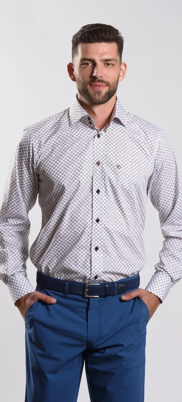 Alain Delon camicia slim bianca fantasia marrone