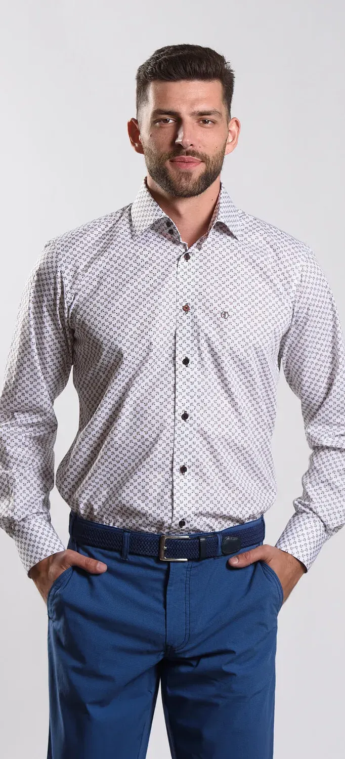 Alain Delon camicia slim bianca fantasia marrone