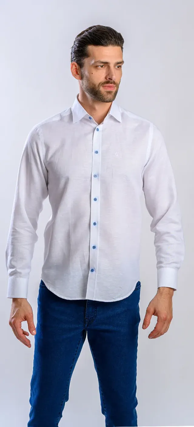 Alain Delon camicia bianca lino bottoni blu extra slim