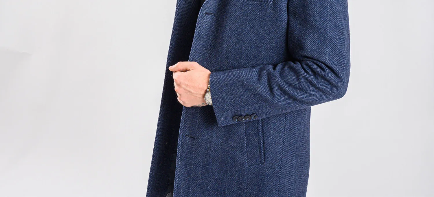 Alain Delon cappotto slim fit blu spigato tasche oblique lana