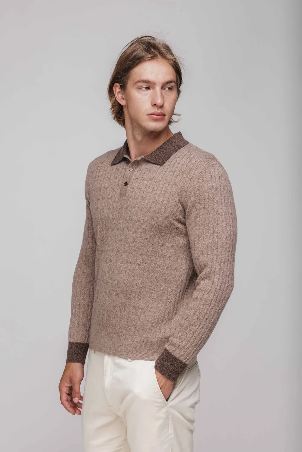 Alain Delon Polo Marrone Manica Lunga in Lana