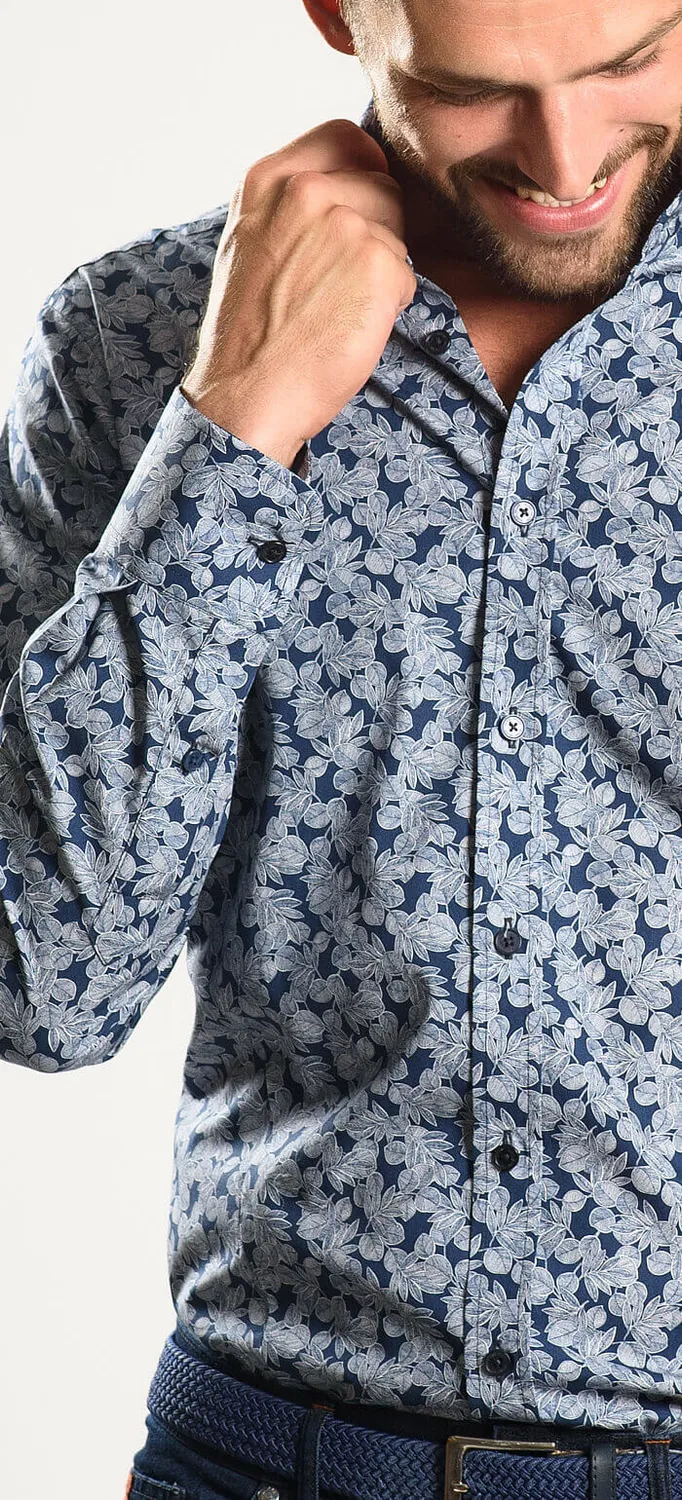 Alain Delon Camicia Extra Slim Blu Fiori Cotone