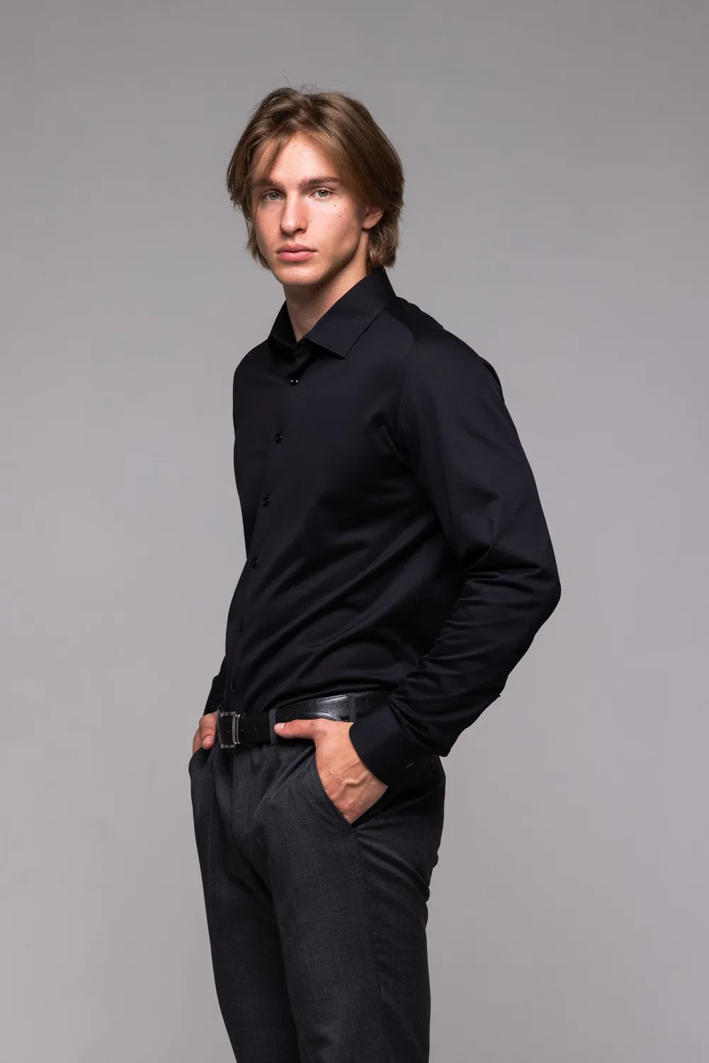 Alain Delon camicia extra slim nera jersey stretch