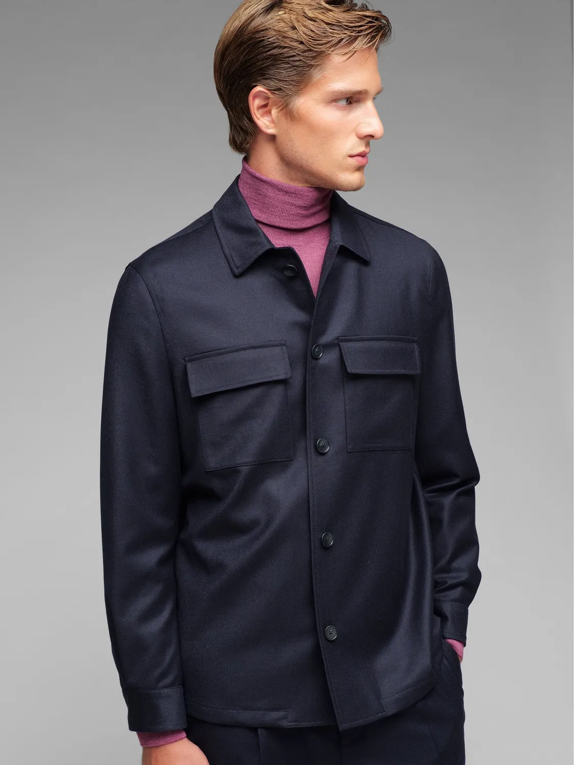 Paoloni Overshirt Flanella Lana Stretch Uomo Blu