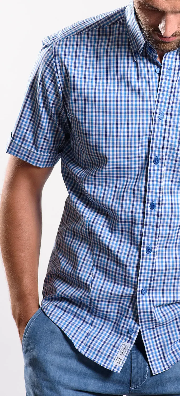 Alain Delon Checked Extra Slim Fit camicia a quadri manica corta blu