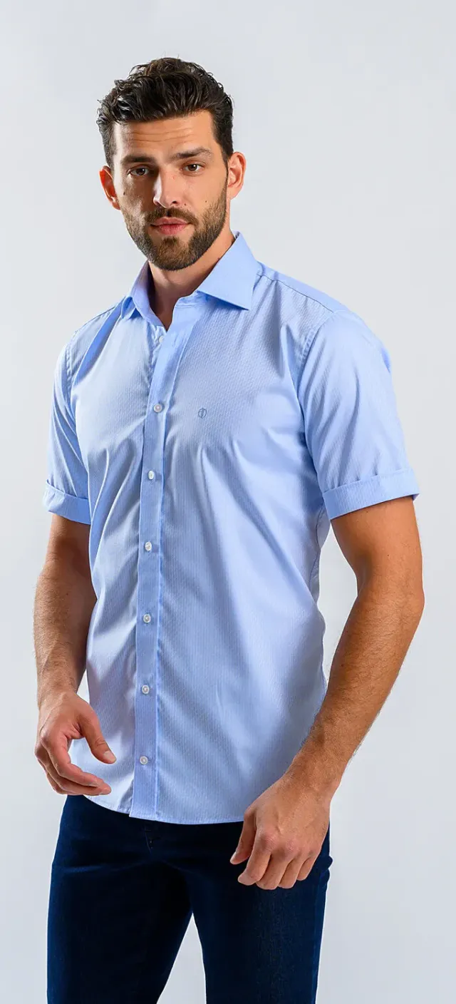 Alain Delon Camicia Manica Corta Azzurra Slim Fit