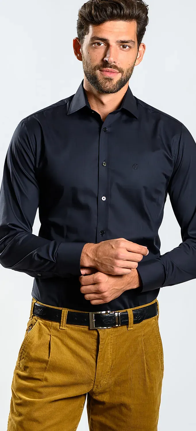 Alain Delon camicia slim fit nera cotone Getzner
