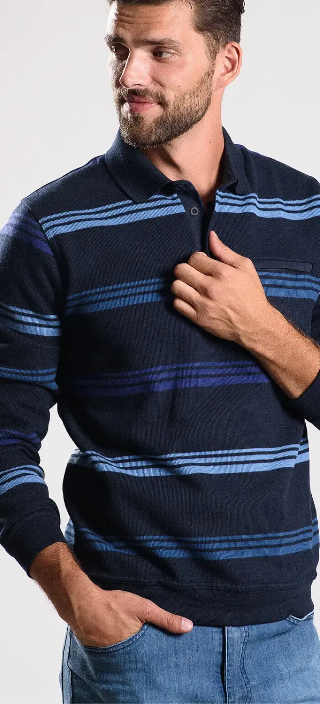 Alain Delon polo manica lunga blu navy taschino M