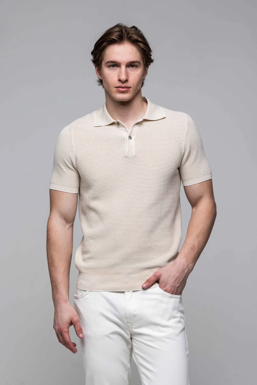 Alain Delon polo beige maglia cotone bottoni manica corta