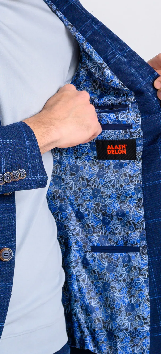 Alain Delon giacca blu a quadri blazer slim fit misto lana