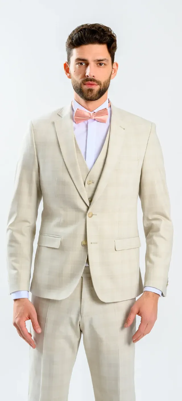 Alain Delon Abito Slim Fit Beige Quadri con Gilet Matrimonio