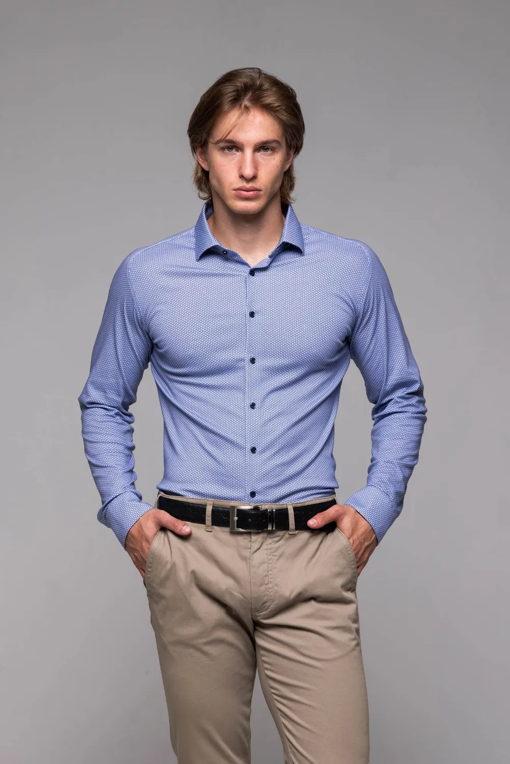 Alain Delon camicia stretch blu bianca extra slim jersey
