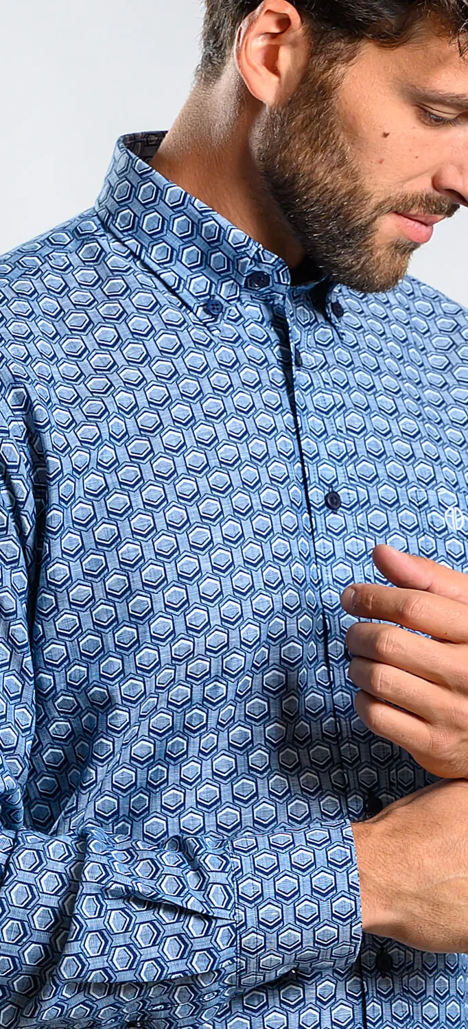 Alain Delon Camicia Slim Fit Blu Fantasia Lino