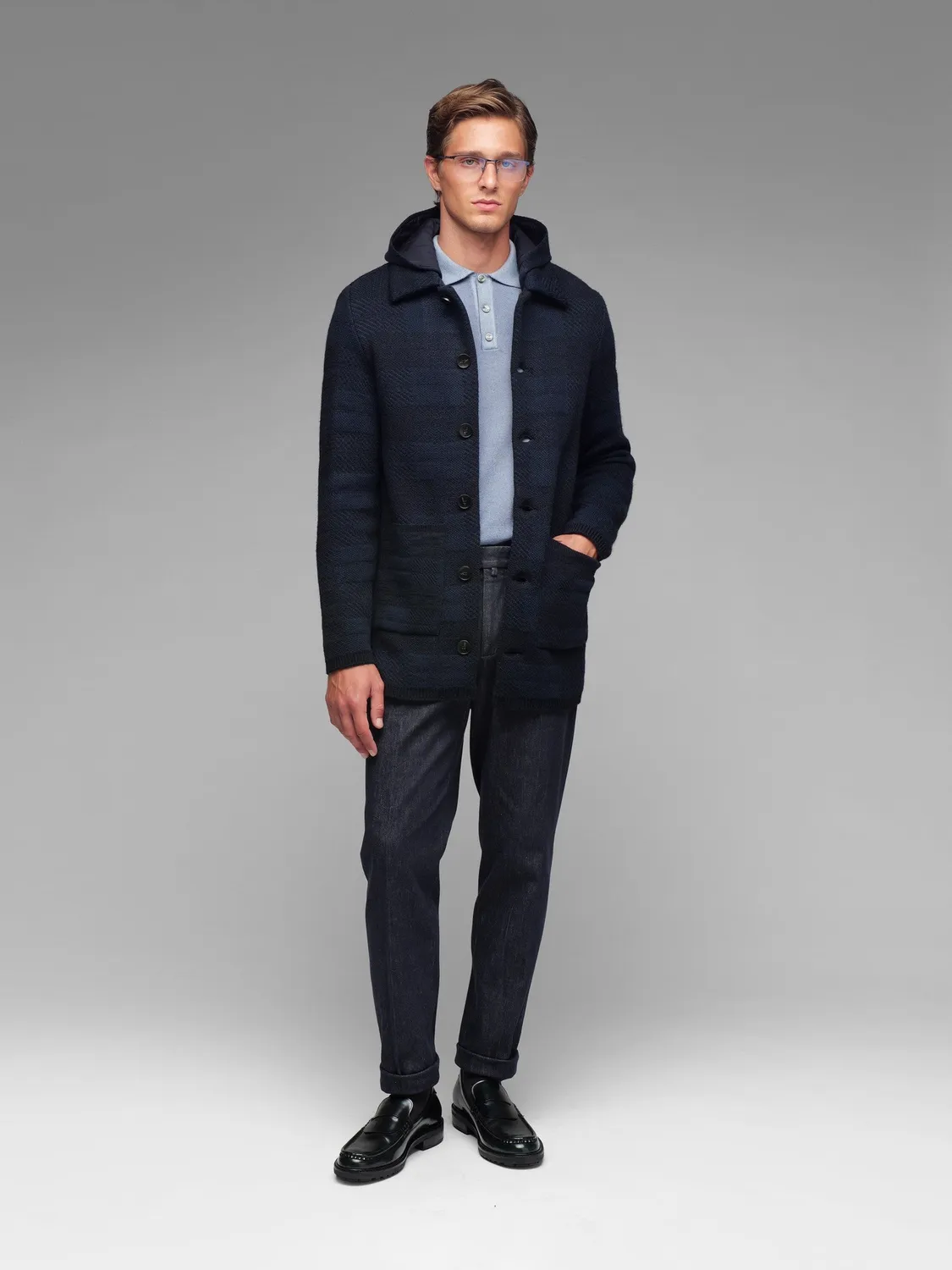 Paoloni Cappotto in maglia check misto lana blu