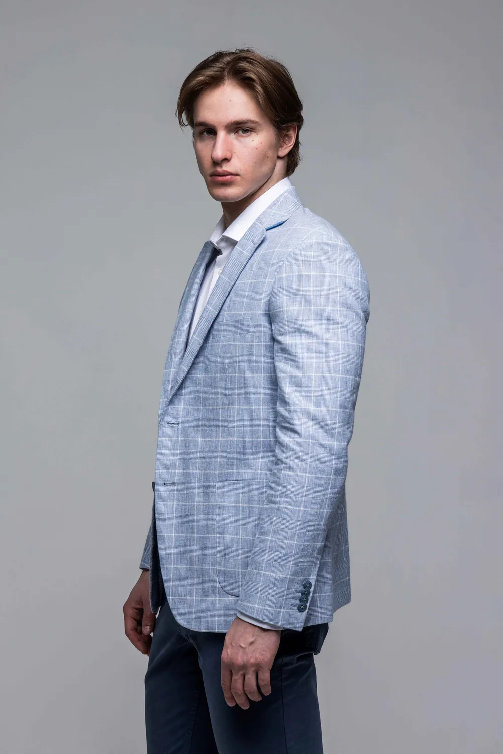 Alain Delon Slim Fit blazer lino azzurro quadri bianchi