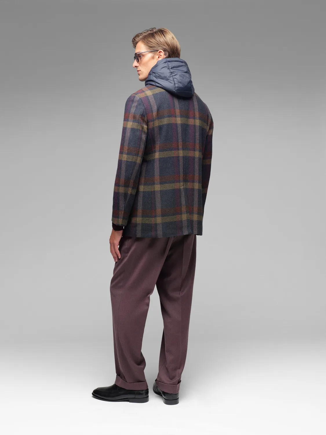 Paoloni Peacoat overcheck blu misto lana cappuccio