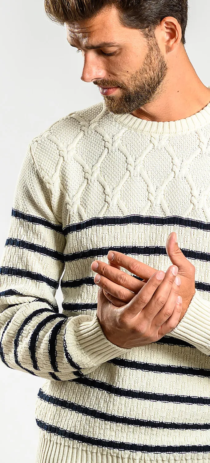 Alain Delon maglione lana merino beige a righe blu